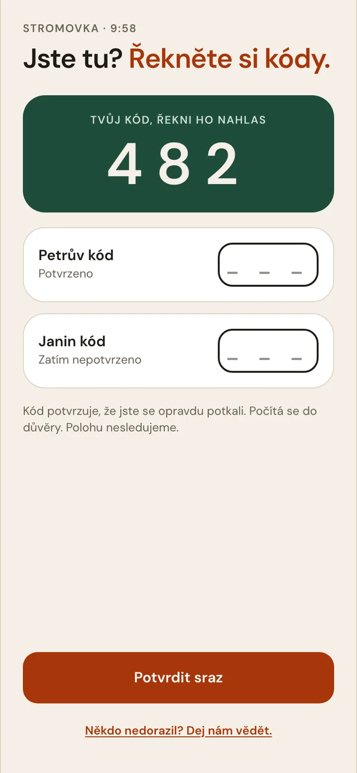 Obrazovka appky: potvrzení srazu třímístnými kódy
